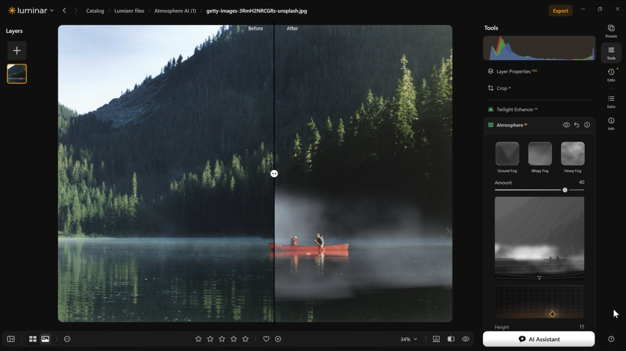 Luminar 1.29 Atmosphere adding 3D fog to a mountain lake