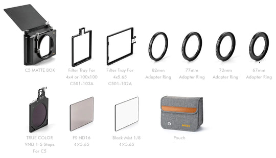 NiSi Cinema C5 Matte Box Filmmaker Kit (Matte Box, VND 1-5 Stops, 4 Stop ND, Black Mist 1/8, Adaptors and Pouch)